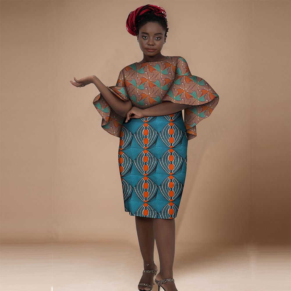 African Women Dresses Short Trumpet Sleeve Knee Length Patchwork Dress WY7506