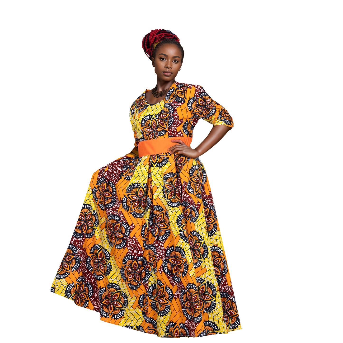 African Women's Dress Ankara Multicolor Deep V-Neck Shirt Dresses with Pocket WY7415