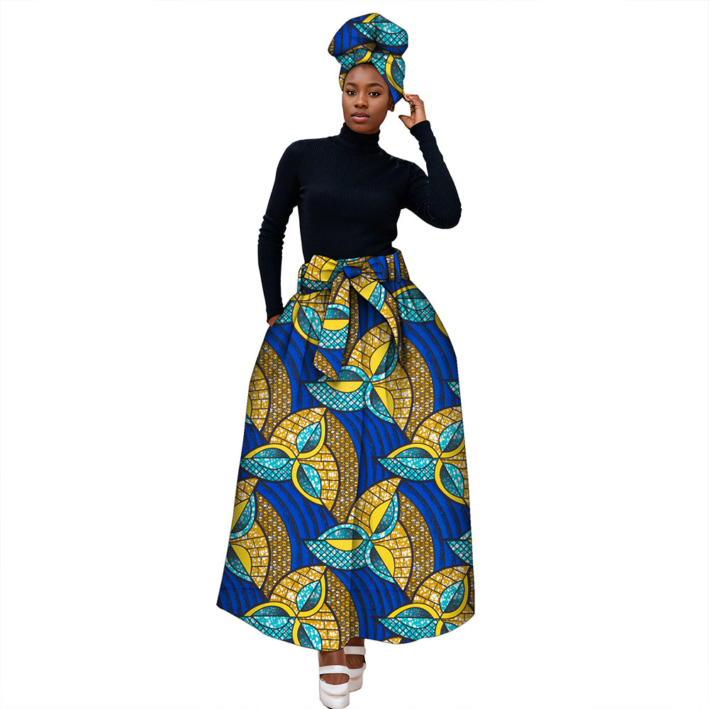 African Ankara Half Skirts for Women Fashion High Waist Elegant Long Skirt Matching Headwrap WY268
