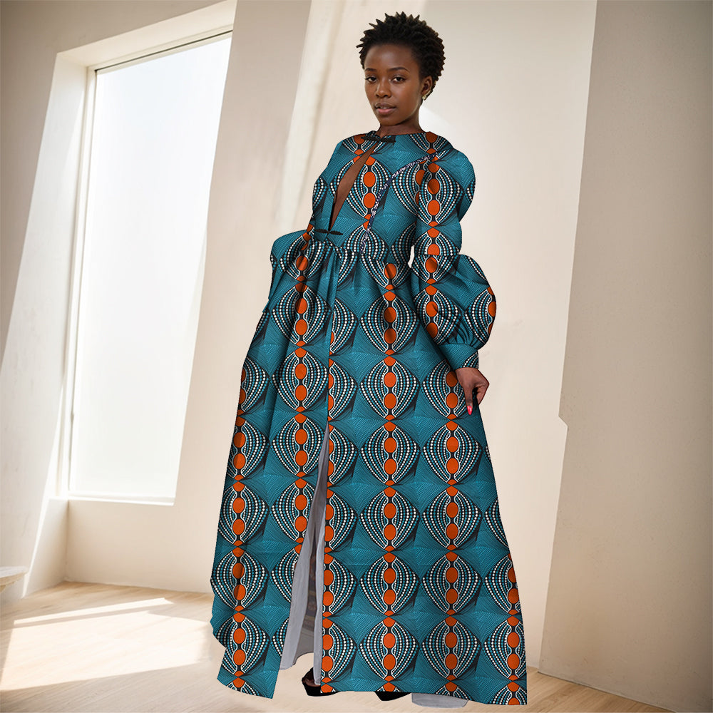 African Women Ankara Print Dresses Long Sleeve Floor Length Sexy Lady Clothing WY8853