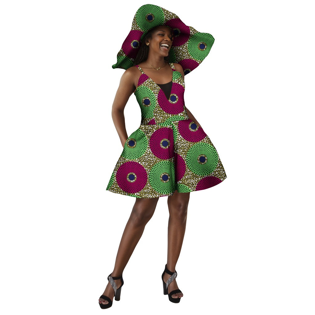 African Women Suspenders Jumpsuit Traditional Ankara Kente Print with Hat WY8844