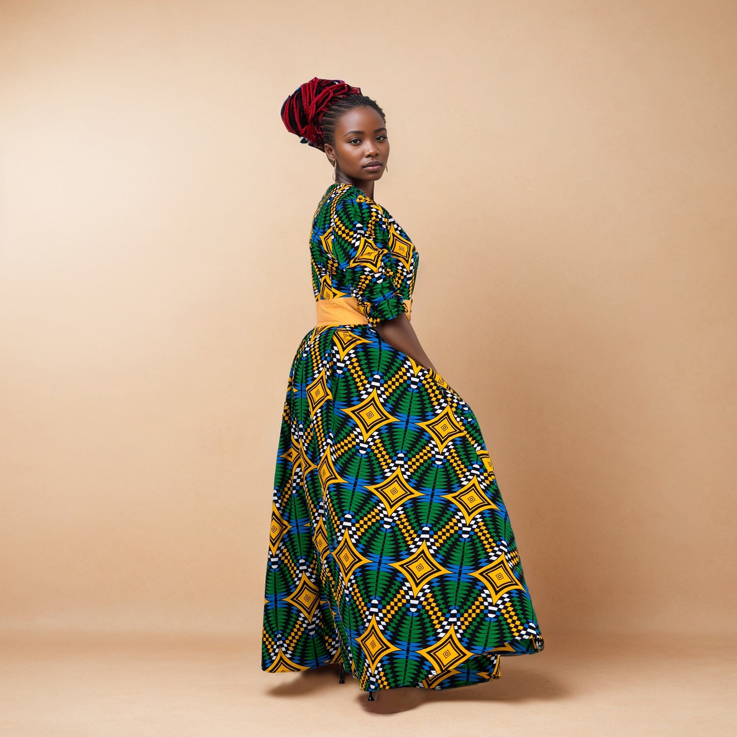 African Women's Dress Ankara Multicolor Deep V-Neck Shirt Dresses with Pocket WY7415