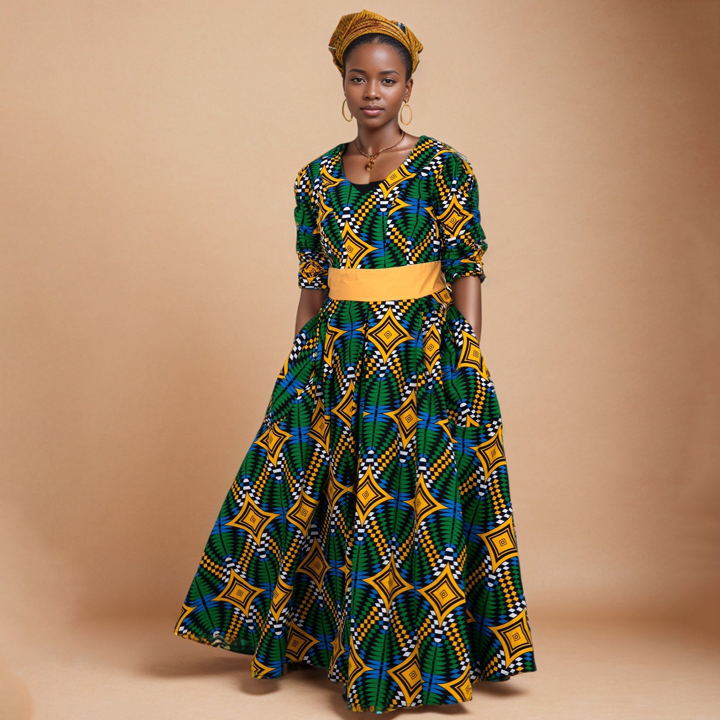 African Women's Dress Ankara Multicolor Deep V-Neck Shirt Dresses with Pocket WY7415