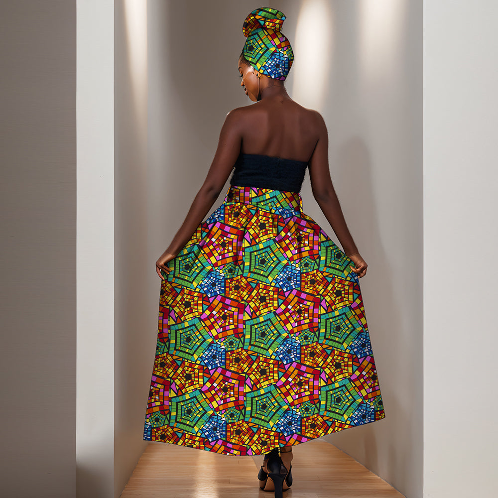 African Ankara Half Skirts for Women Fashion High Waist Elegant Long Skirt Matching Headwrap WY268