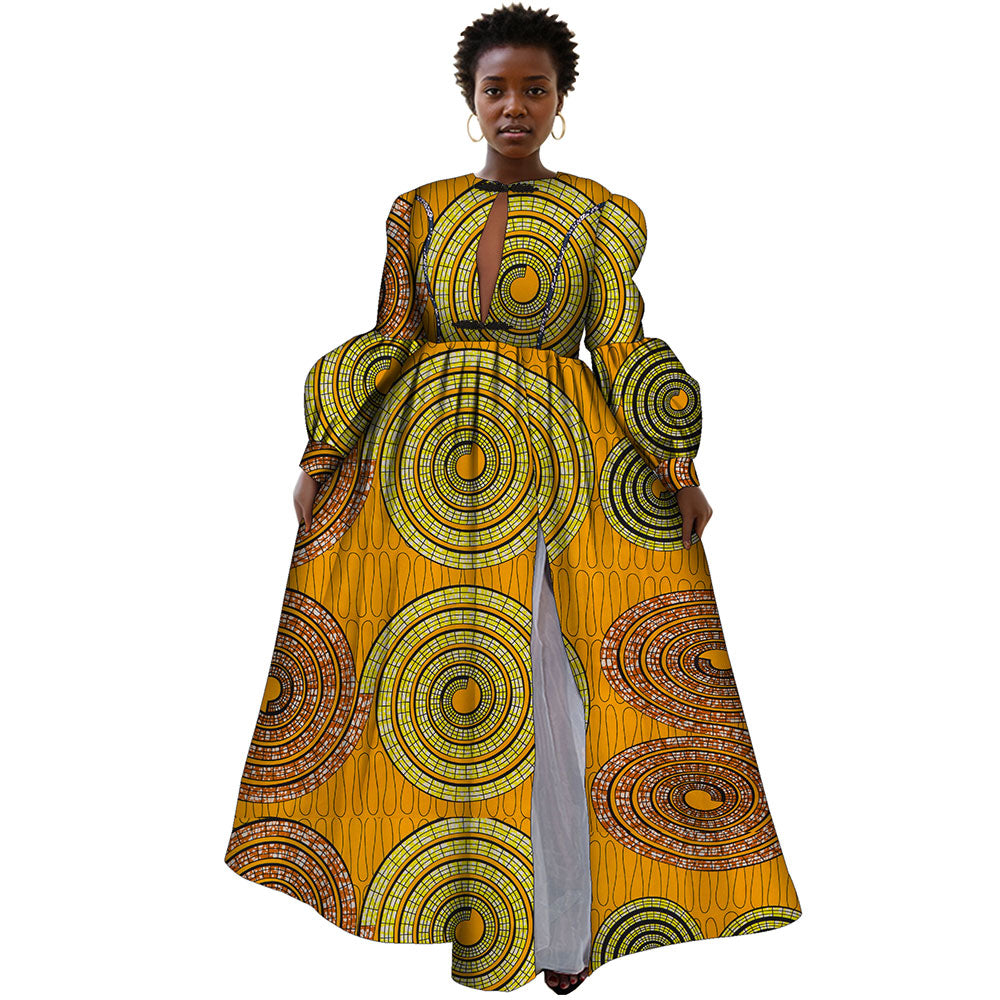 African Women Ankara Print Dresses Long Sleeve Floor Length Sexy Lady Clothing WY8853