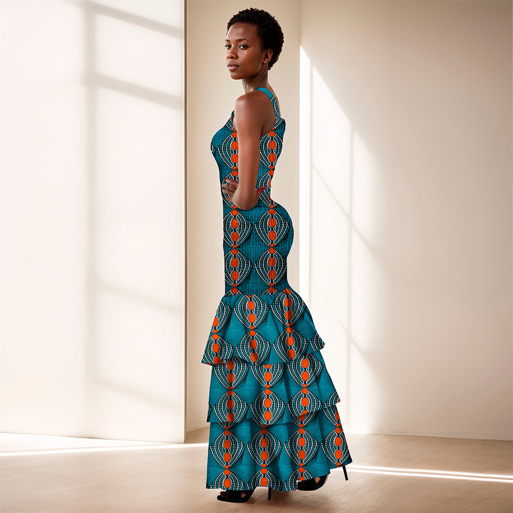African Women Dresses Summer Sleeveless Ruffle Dress Dashiki Bodycon Dress WY298