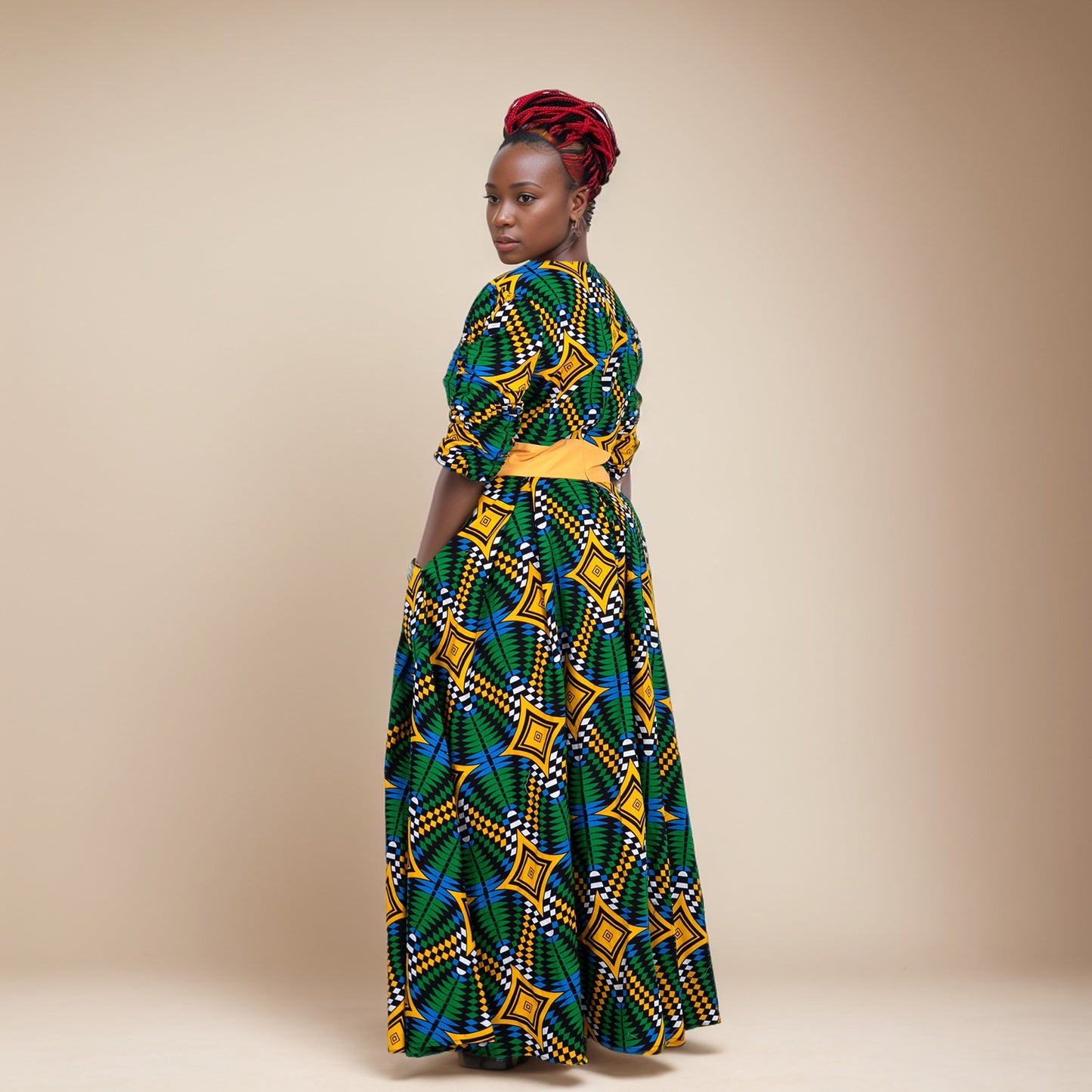 African Women's Dress Ankara Multicolor Deep V-Neck Shirt Dresses with Pocket WY7415