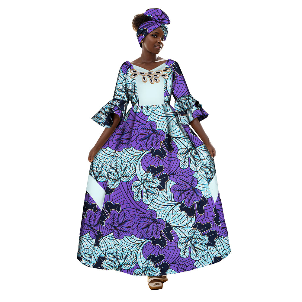 African Women Maxi Party Dress Double Layered Bell Sleeve Long Dress & Headwrap WY3819