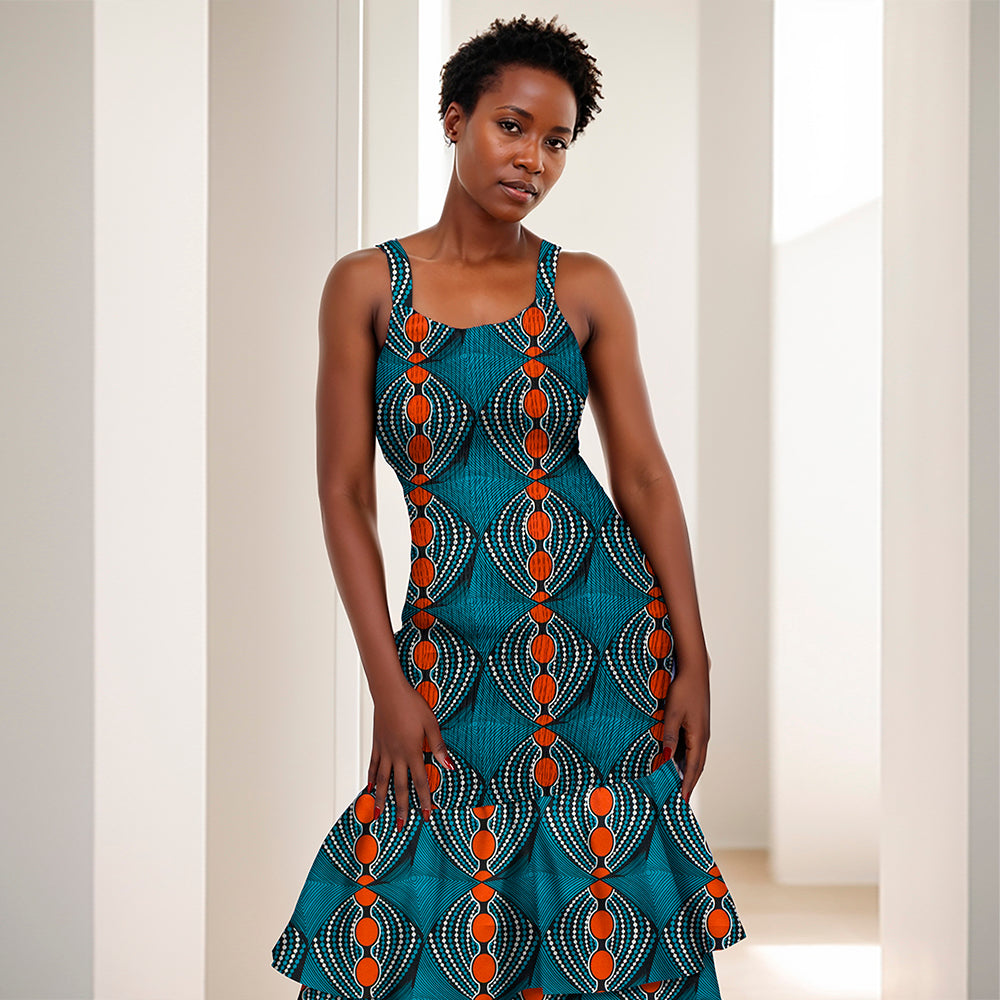 African Women Dresses Summer Sleeveless Ruffle Dress Dashiki Bodycon Dress WY298