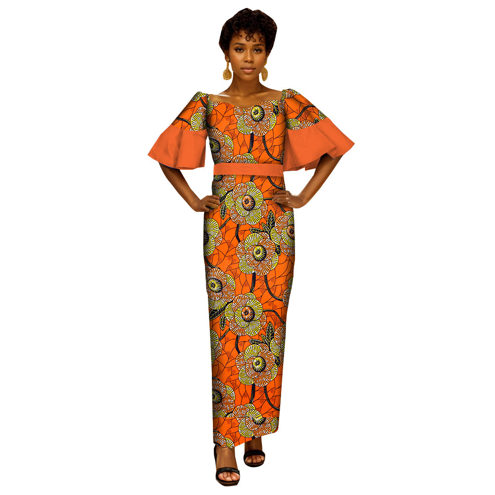 African Women's Dress Ankara Multicolor Short Sleeve Package Hip Long Dress WY6761