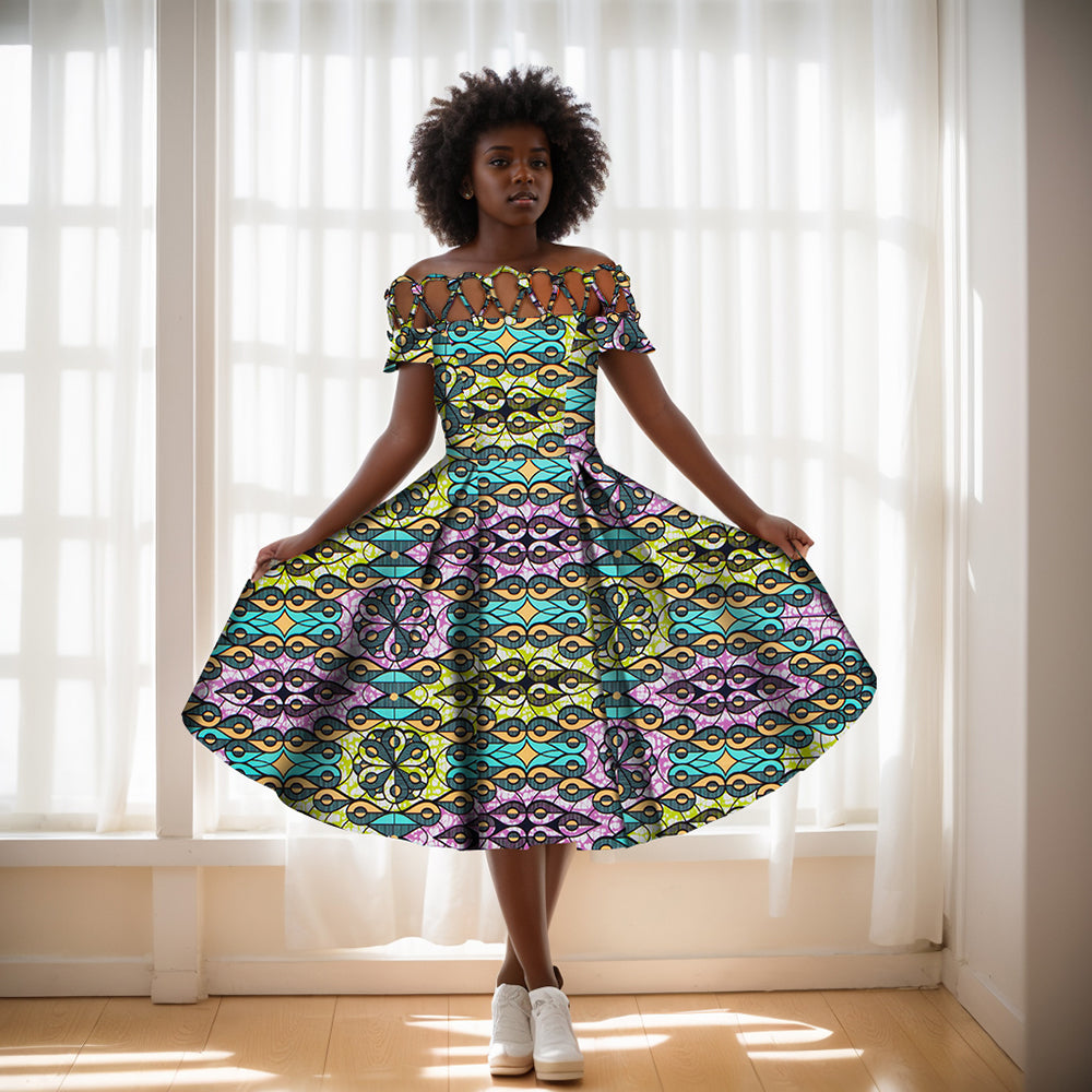 African women's clothing Cotton rope woven collar African printed wax clothing over knee length women's clothing WY335