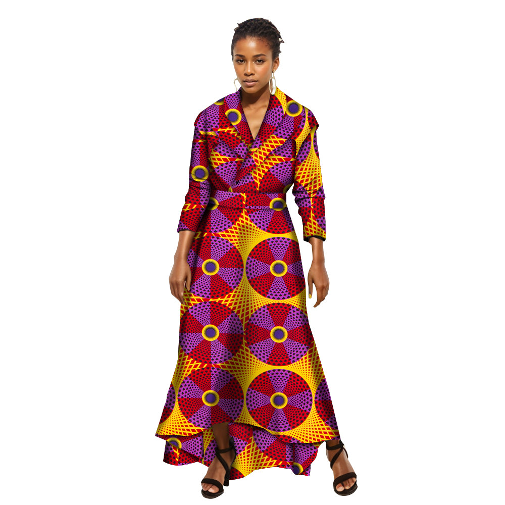 African Women Dress Ankara Multicolor Girding Deep V-Neck Shirt Skirt WY5951
