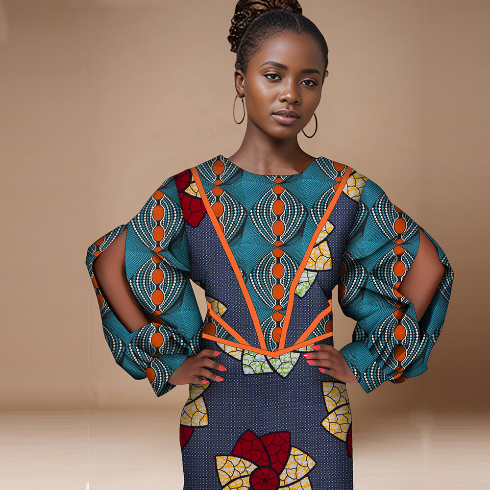 African women dress crew neck patchwork long sleeve high waisted party dress WY9991