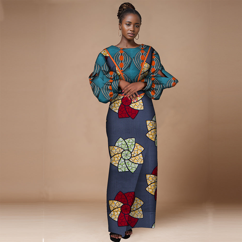 African women dress crew neck patchwork long sleeve high waisted party dress WY9991