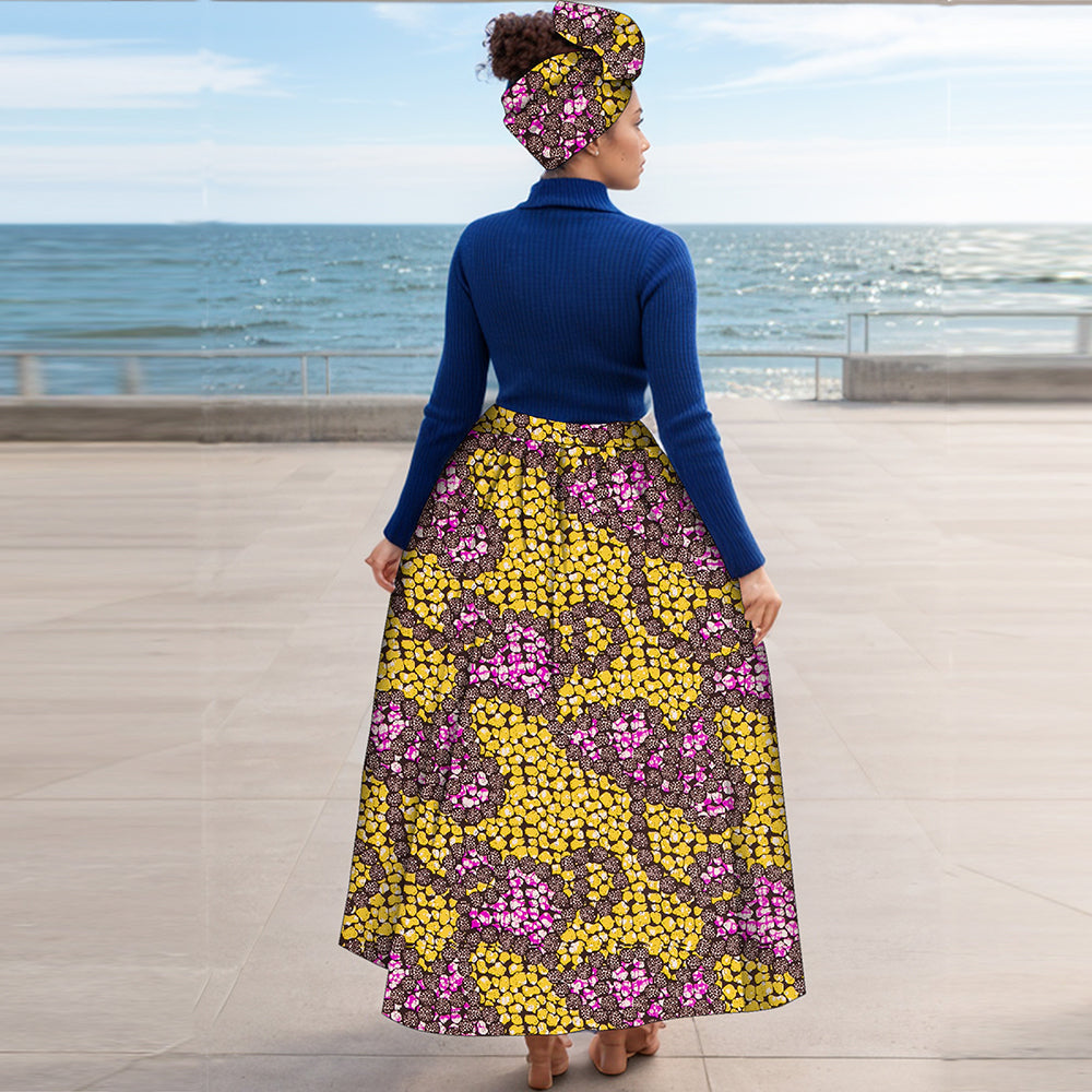 African Women's Long High Waist Ankara Print Skirt Matching Headwrap WY1270