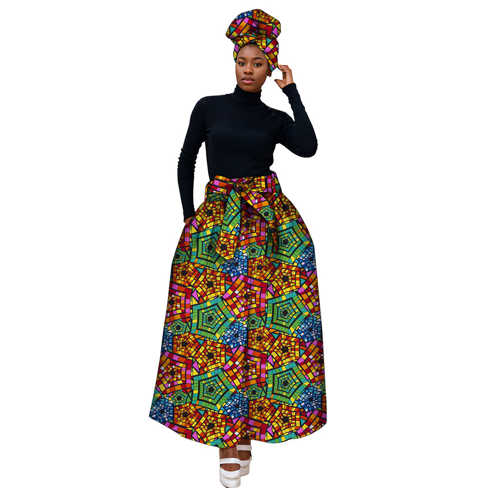 African Ankara Half Skirts for Women Fashion High Waist Elegant Long Skirt Matching Headwrap WY268