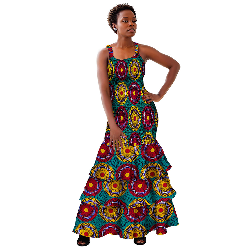 African Women Dresses Summer Sleeveless Ruffle Dress Dashiki Bodycon Dress WY298