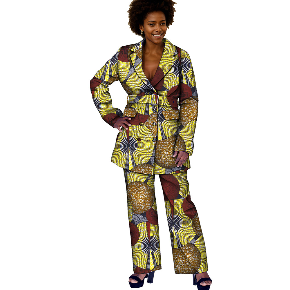 African Women Print Kente Top and Pants Set with Belt FH033