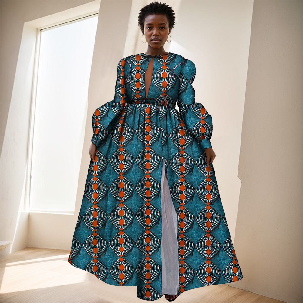 African Women Ankara Print Dresses Long Sleeve Floor Length Sexy Lady Clothing WY8853