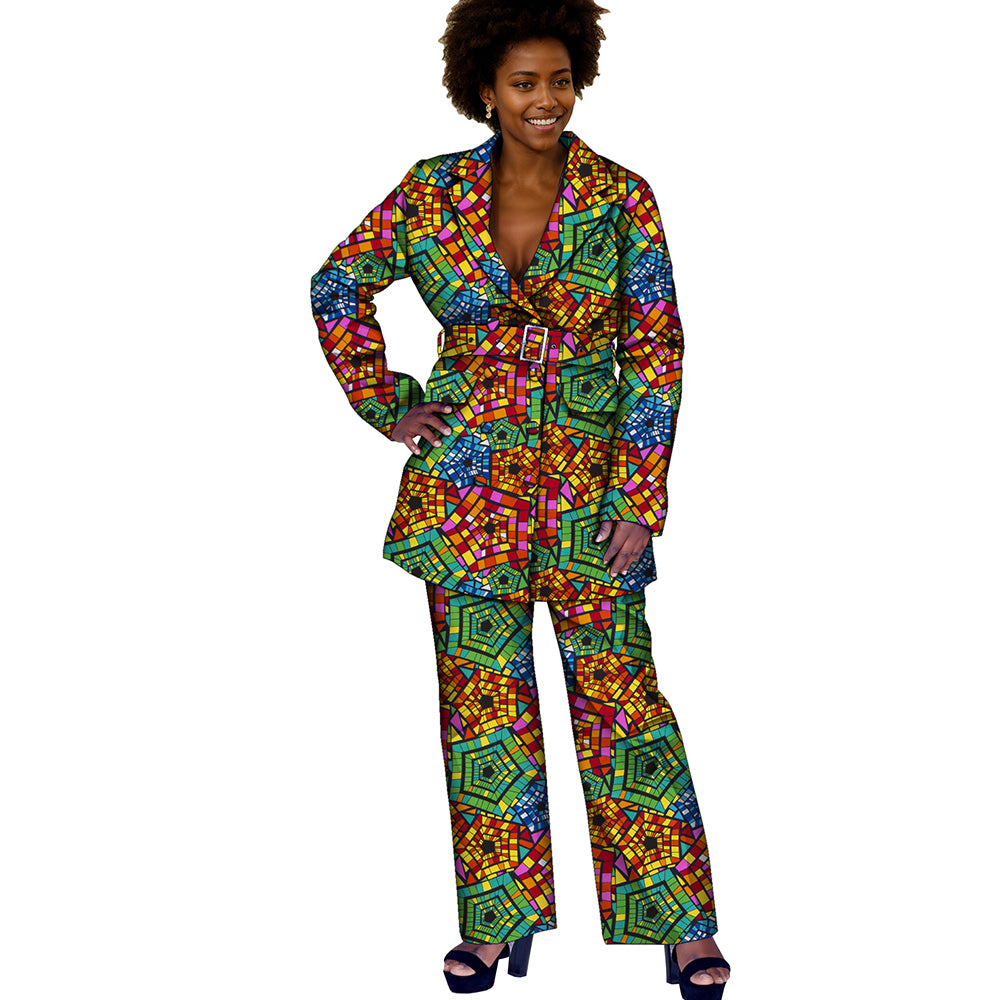 African Women Print Kente Top and Pants Set with Belt FH033