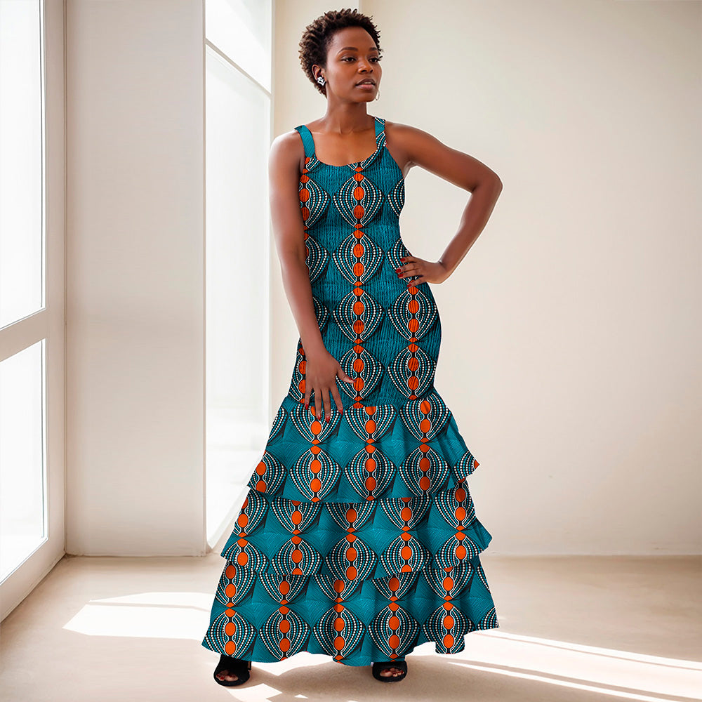 African Women Dresses Summer Sleeveless Ruffle Dress Dashiki Bodycon Dress WY298