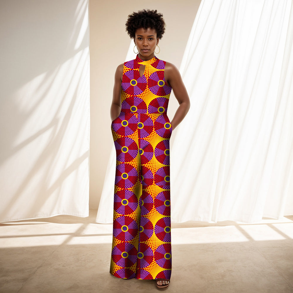 Africa Women Sleeveless Ankara Print Wide Leg Jumpsuits WY2244