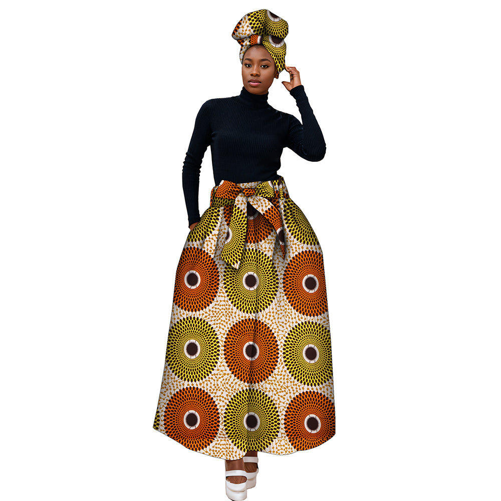 African Ankara Half Skirts for Women Fashion High Waist Elegant Long Skirt Matching Headwrap WY268