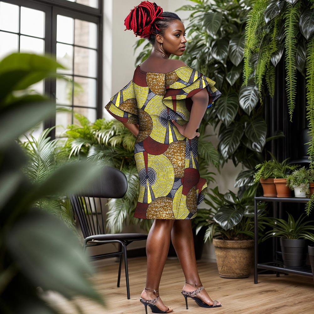 African Women Print Dress Knee Length Dress with Ruffle Edge Fashion Ankara Dress WY5294