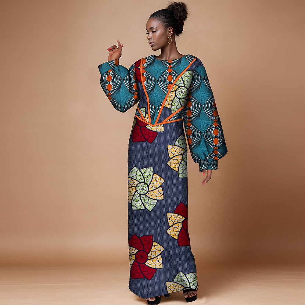 African women dress crew neck patchwork long sleeve high waisted party dress WY9991