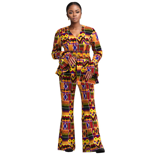 African Fashion Women's Sweet Wind Horn Long Sleeve Women's Zipper V-neck Top and Pants wy10949