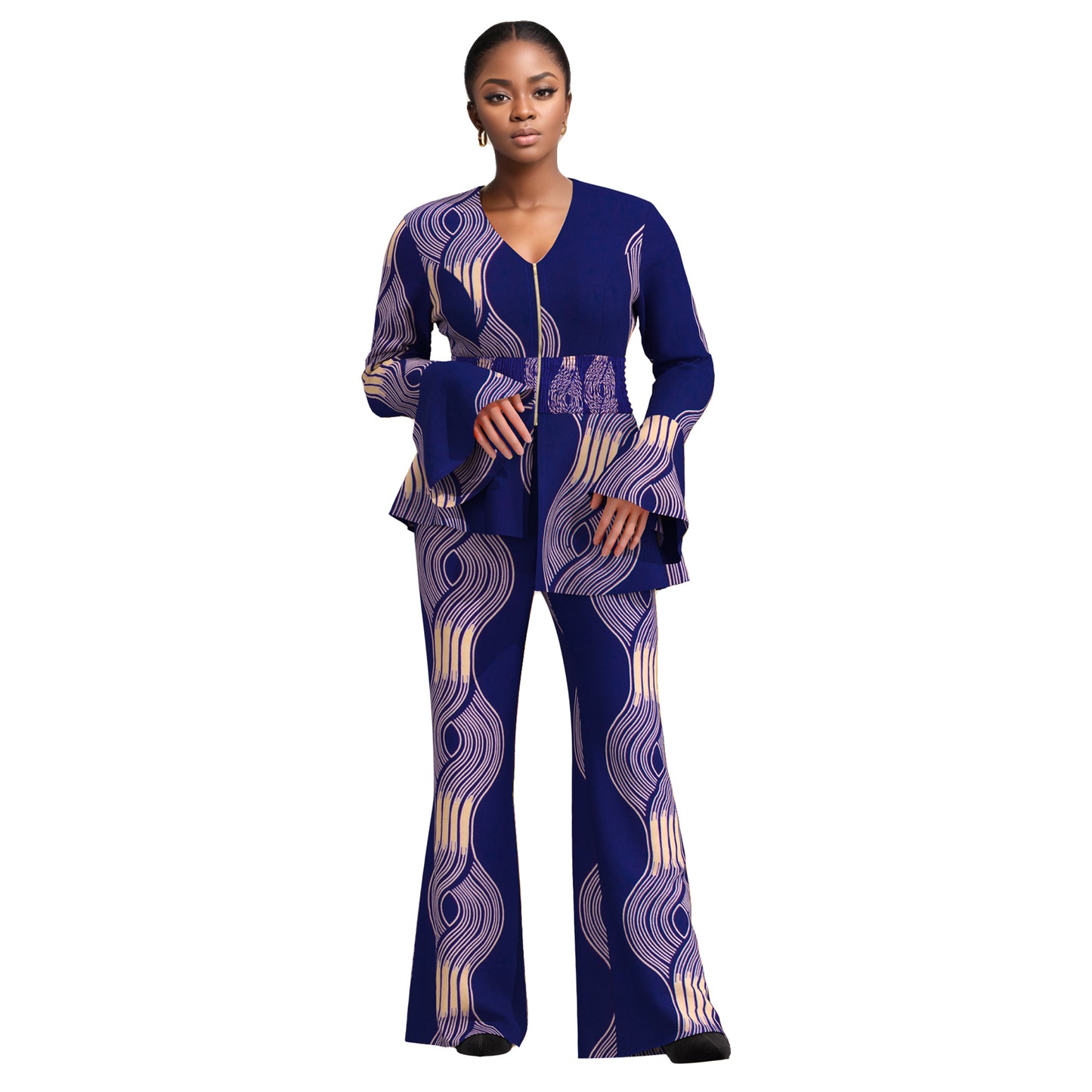 African Fashion Women's Sweet Wind Horn Long Sleeve Women's Zipper V-neck Top and Pants wy10949