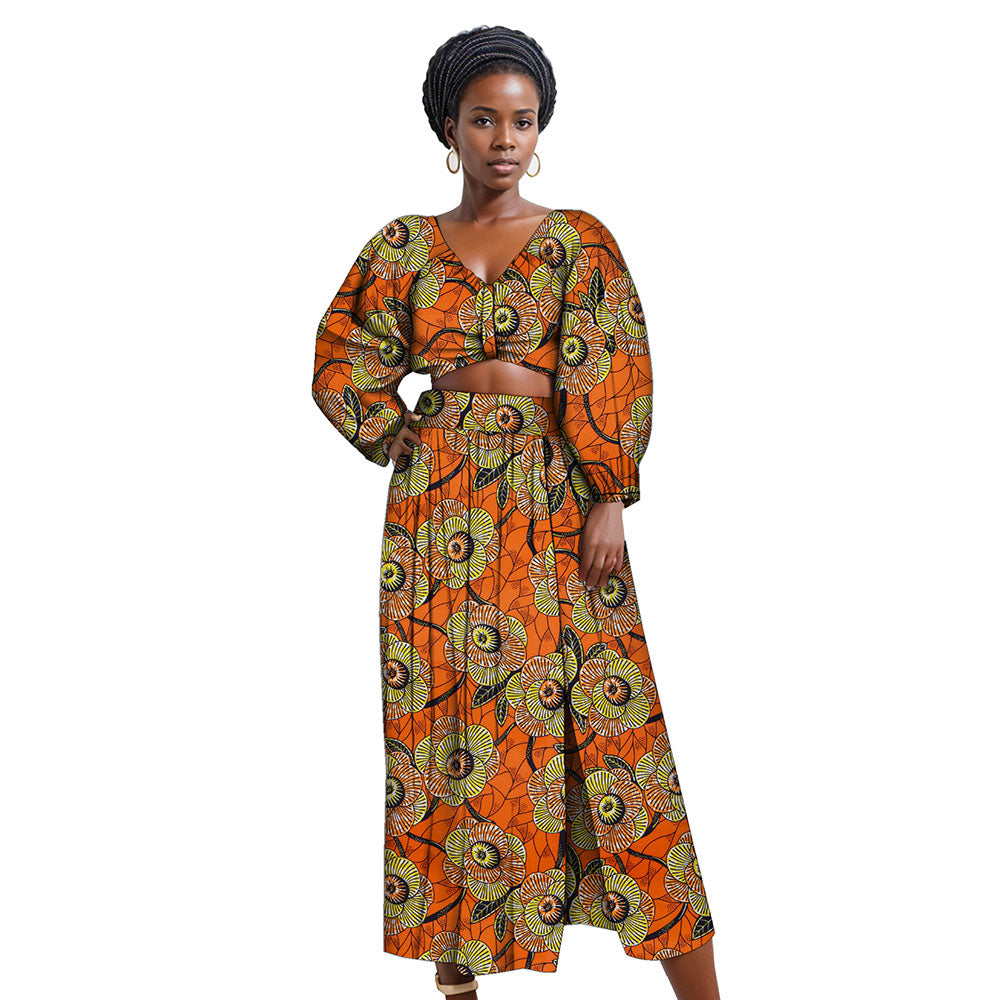 African women suit long sleeve V-neck crop top high slit ankle length skirt suit FH041