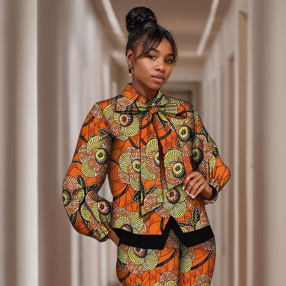 African women suit Long sleeve bow top and pants suit WY8565