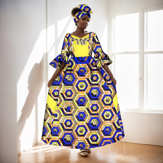 African Women Maxi Party Dress Double Layered Bell Sleeve Long Dress & Headwrap WY3819