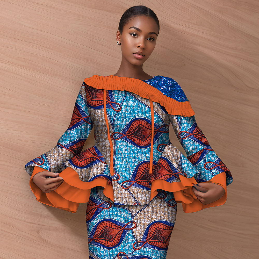 African women's set 2-piece long-sleeved top with floor-length skirt WY060