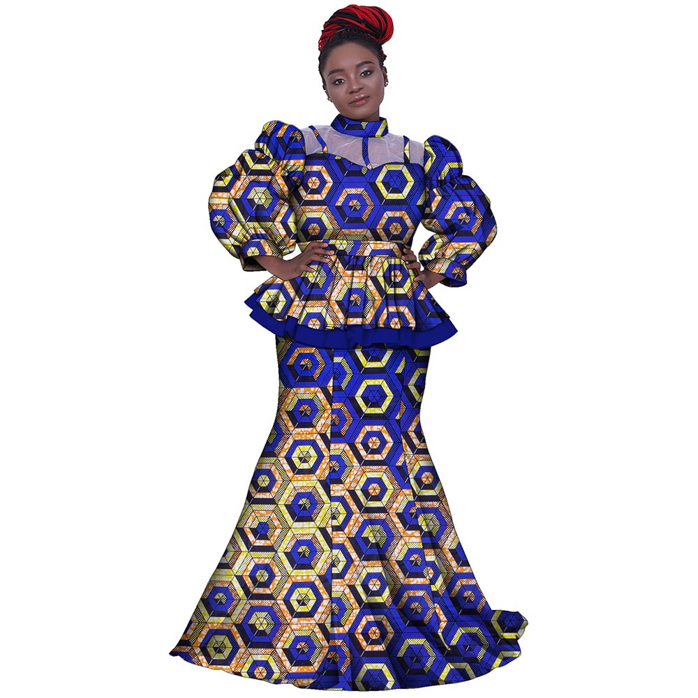 2 Pieces Set Women Skirt and Top Set African Clothes for Women Print Clothing Ankara Blouse and Split Skirts Suits Set WY8456