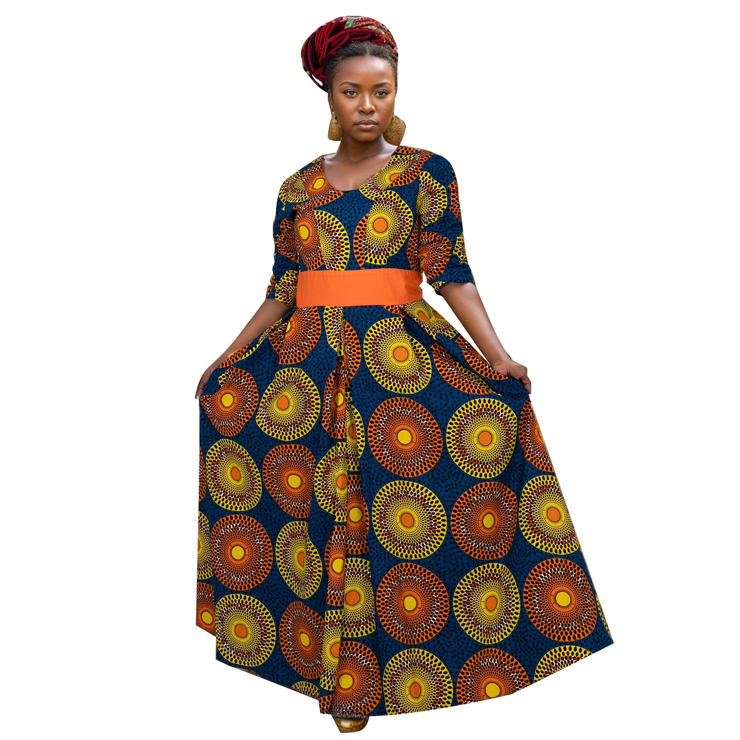 African Women's Dress  Ankara Multicolor Deep V-Neck Shirt Dresses with Pocket WY7415