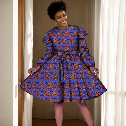 Long-sleeved knee-length African dress with bow belt FH034