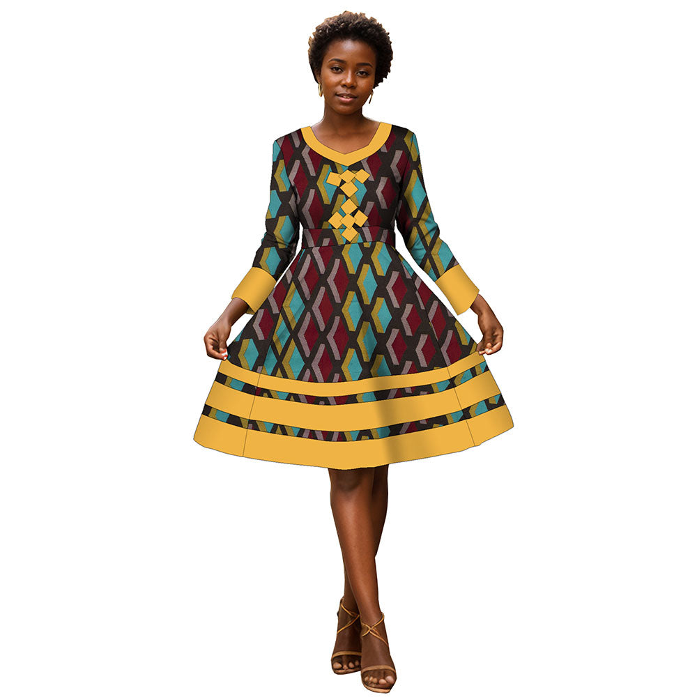 African Women dress long sleeve patchwork knee-length high-waisted dress WY3001