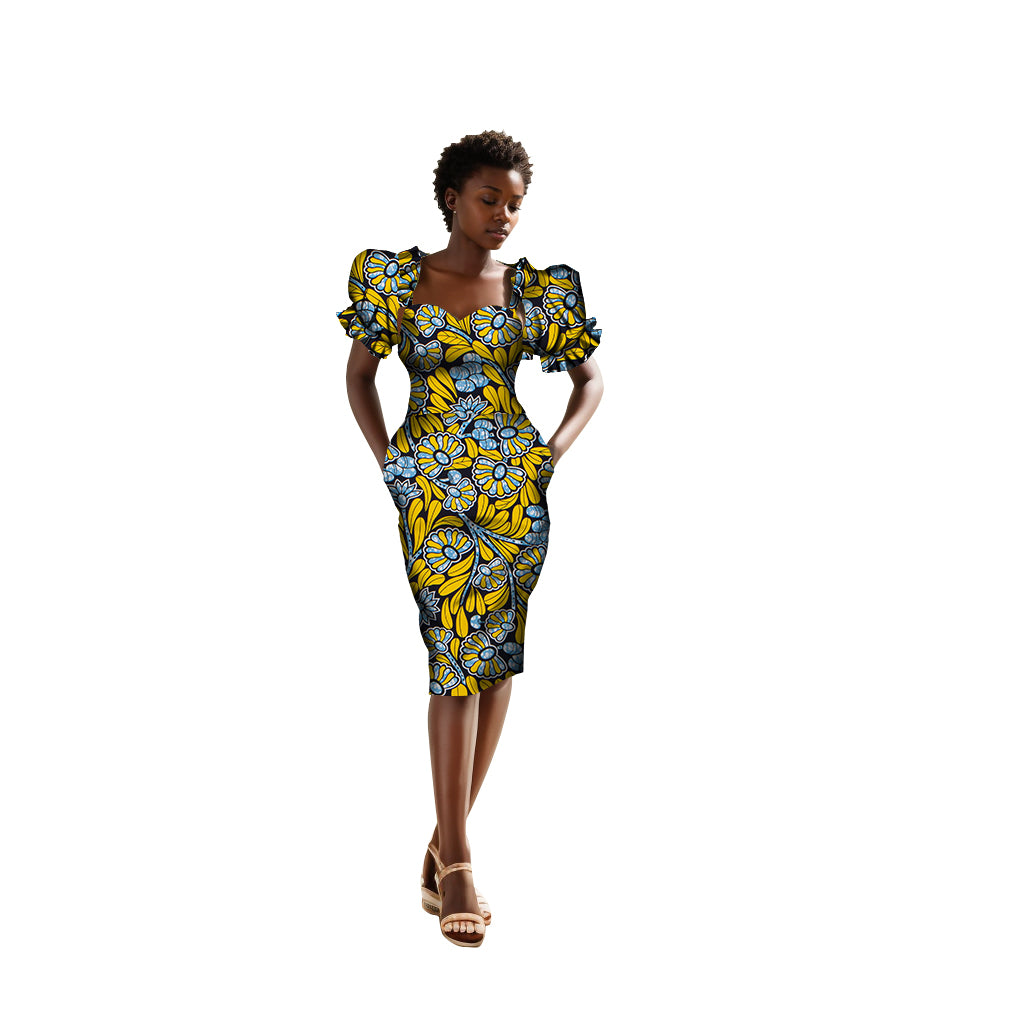 African women dress lantern sleeve knee-length dress YF123