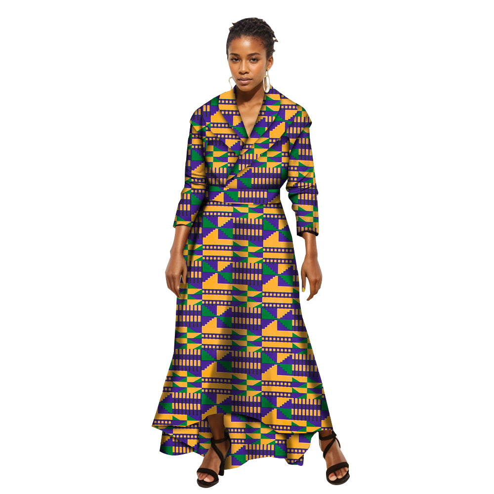 African Women Dress   Ankara Multicolor Girding Deep V-Neck Shirt Skirt WY5951