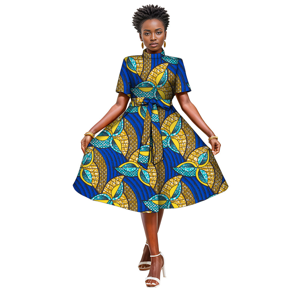 African women's printed dress with waist bow WY082