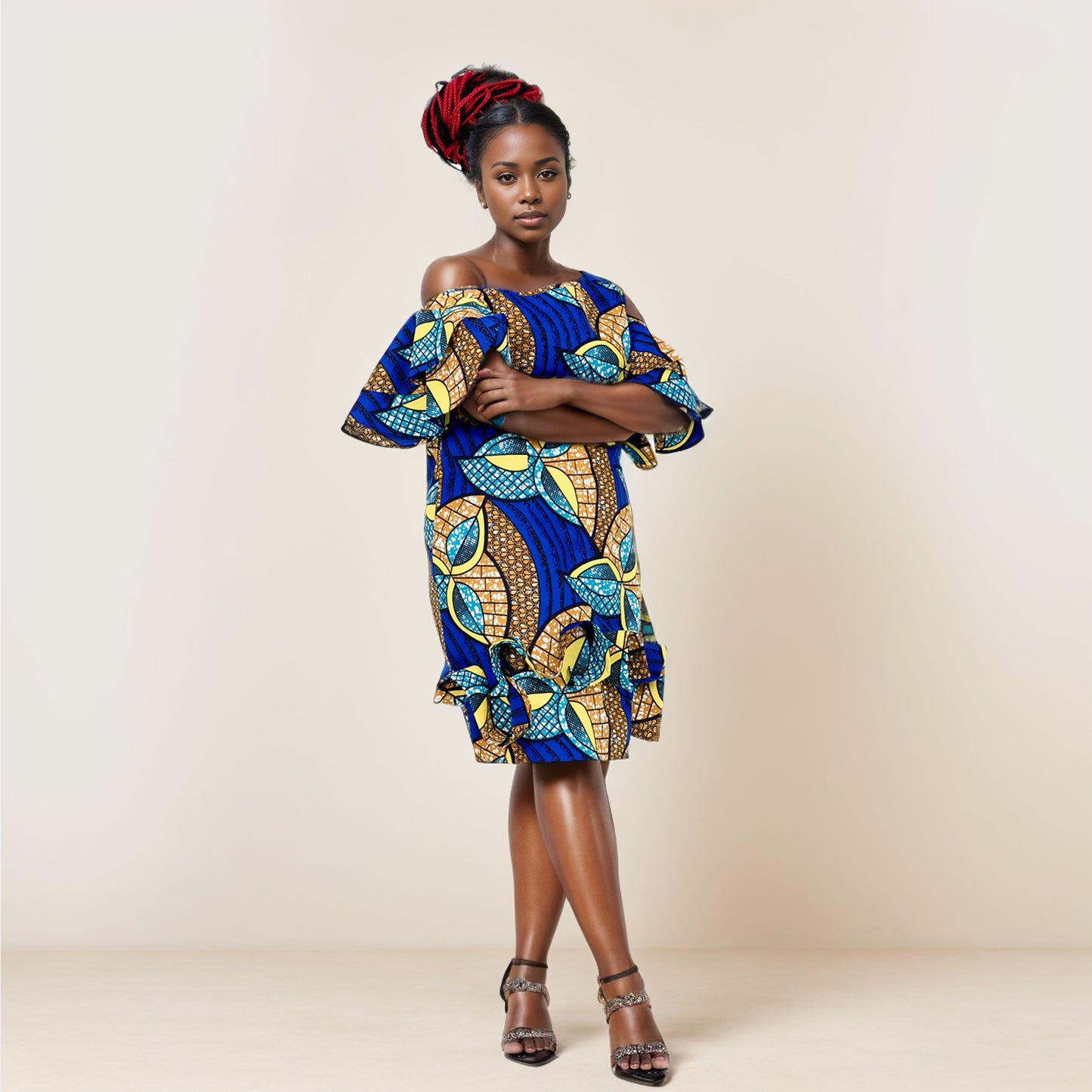 Women African Print Dress Summer Knee Length Dress with Ruffle Edge Fashion Ankara Dress WY5294