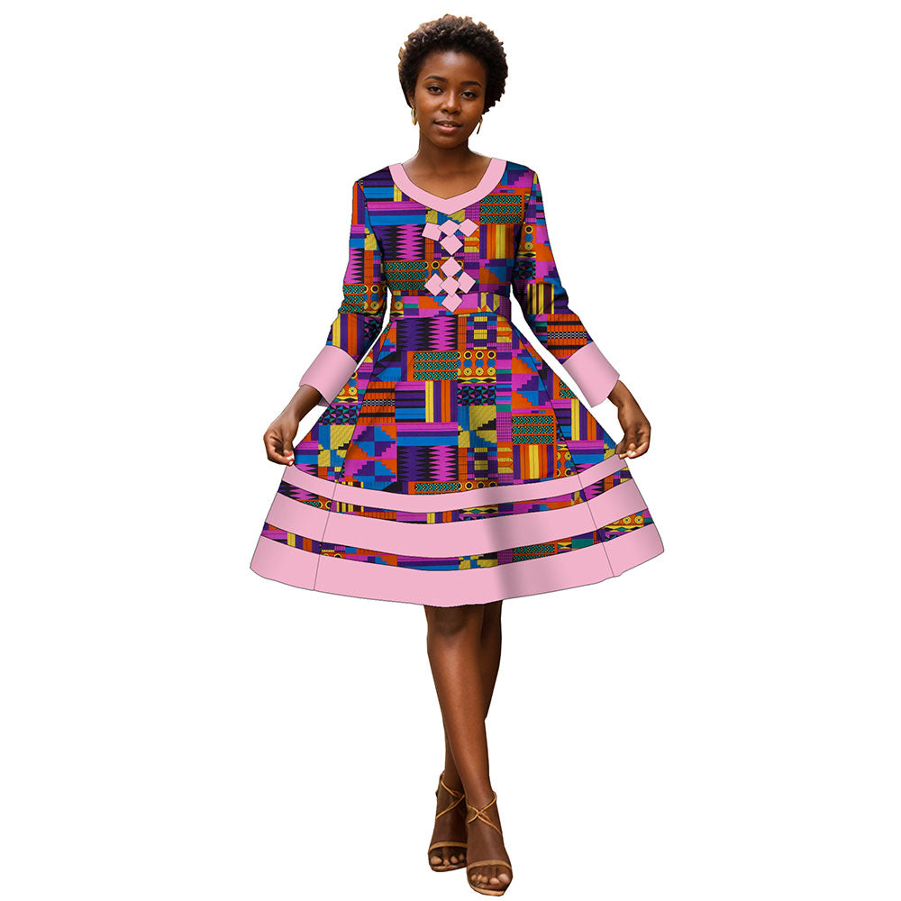 African Women dress long sleeve patchwork knee-length high-waisted dress WY3001