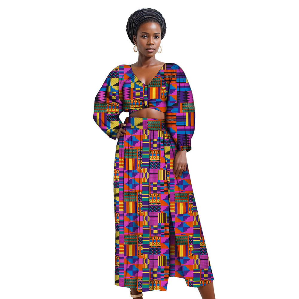 African women suit long sleeve V-neck crop top high slit ankle length skirt suit FH041