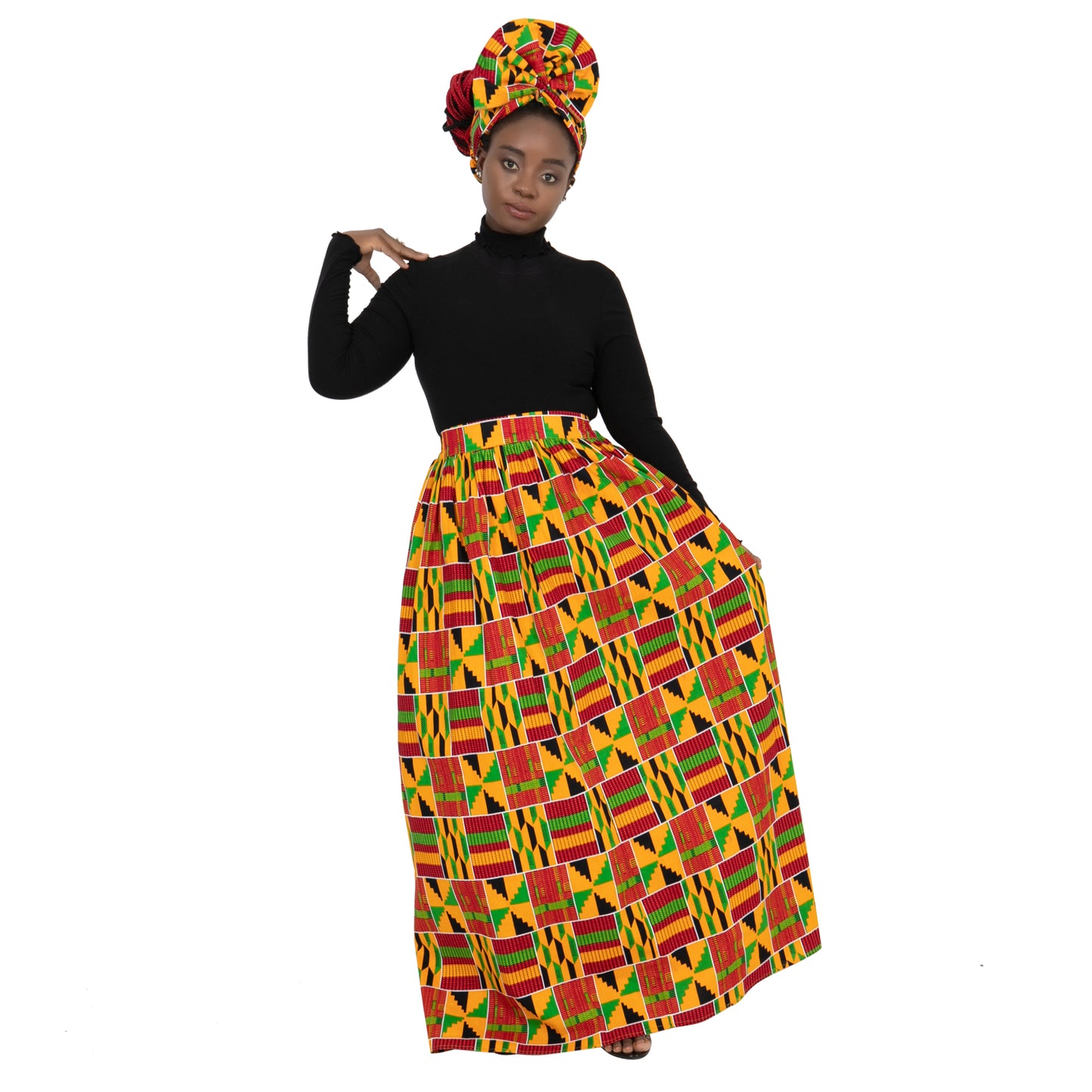 Women's Long High Waist Maxi Cotton African Skirt Ankara Print Matching Headwrap WY1270