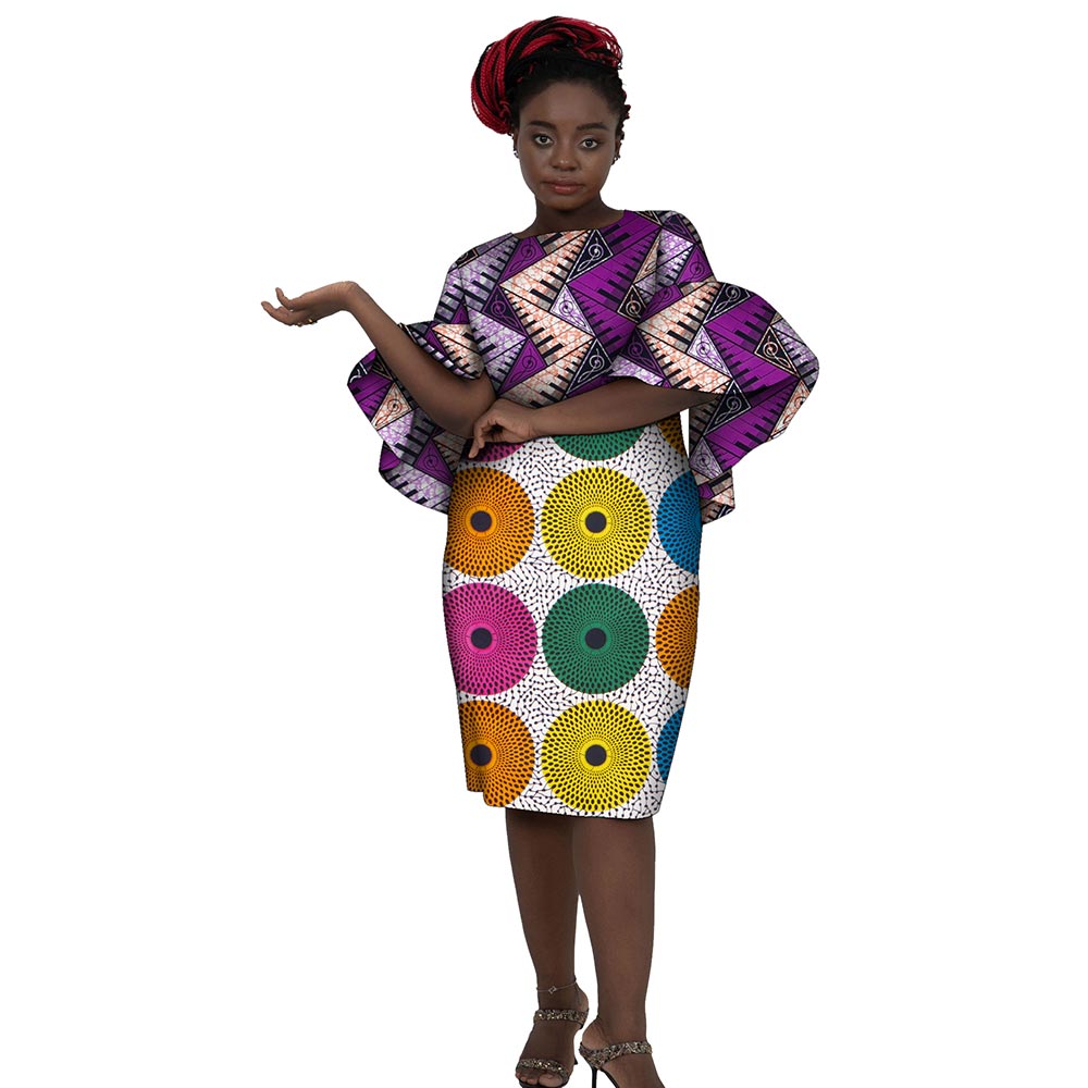 African Women Dresses    Short Trumpet Sleeve  Knee Length Patchwork  Dress WY7506