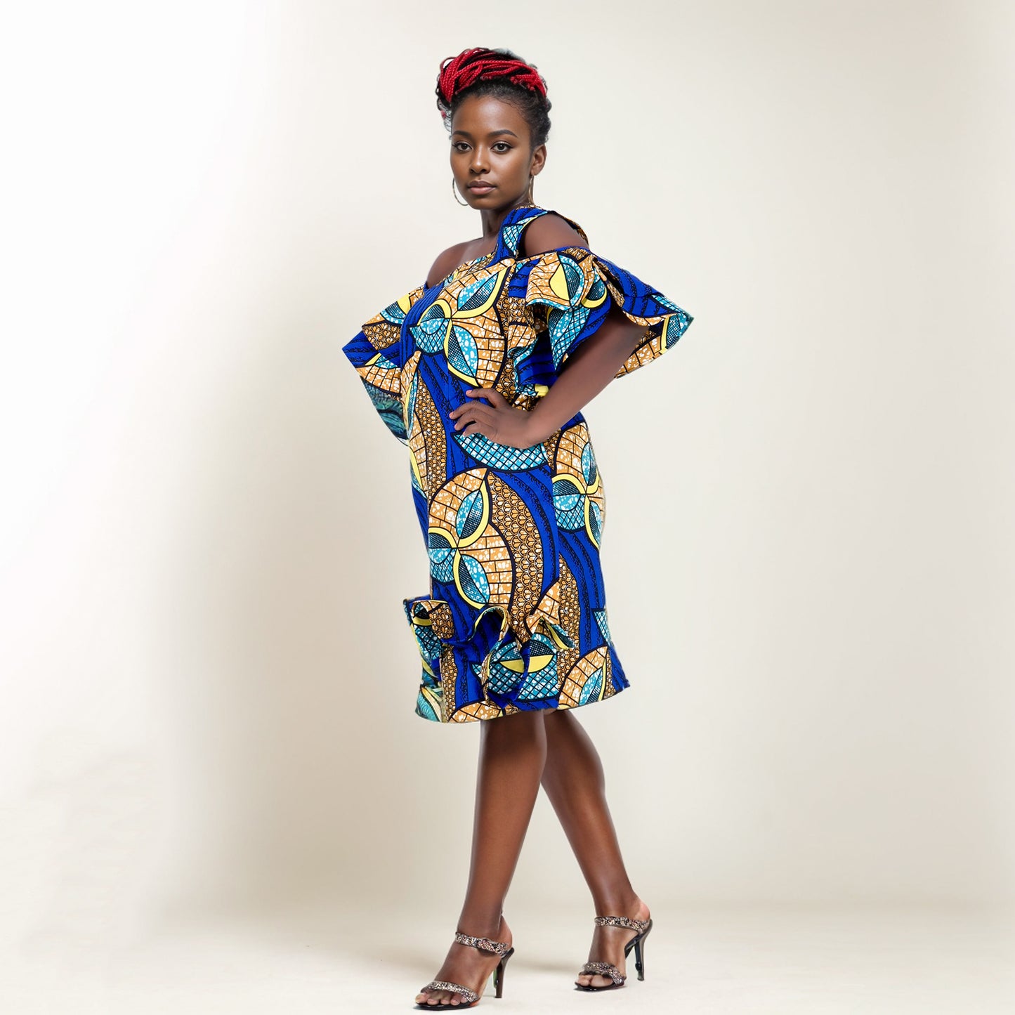 Women African Print Dress Summer Knee Length Dress with Ruffle Edge Fashion Ankara Dress WY5294