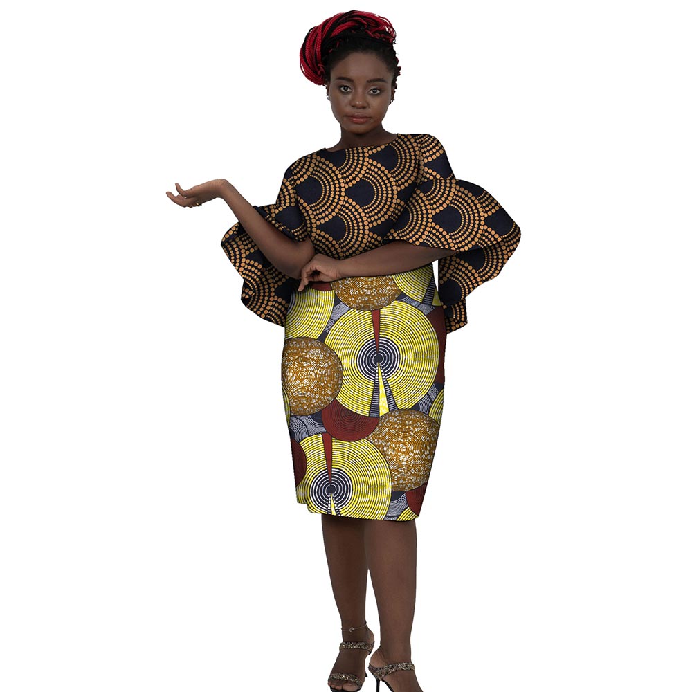 African Women Dresses    Short Trumpet Sleeve  Knee Length Patchwork  Dress WY7506