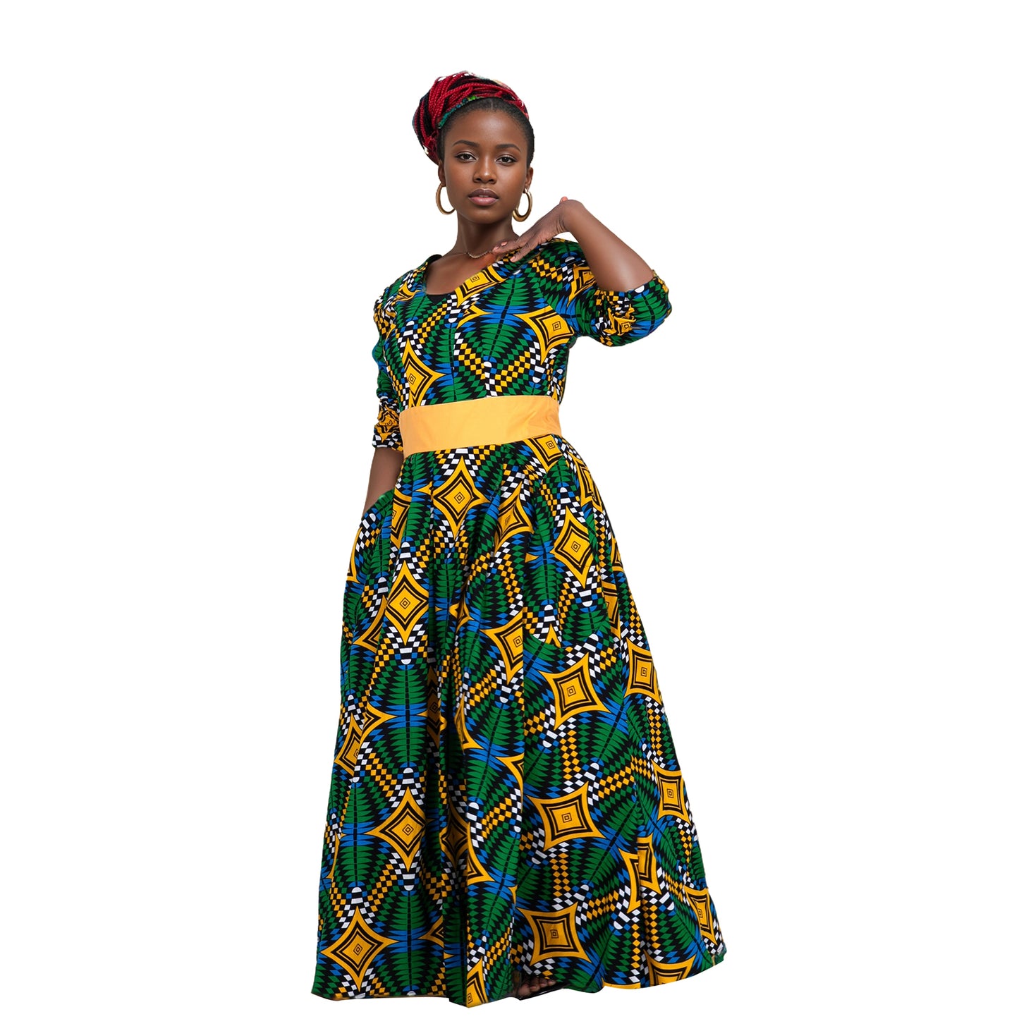 African Women's Dress  Ankara Multicolor Deep V-Neck Shirt Dresses with Pocket WY7415